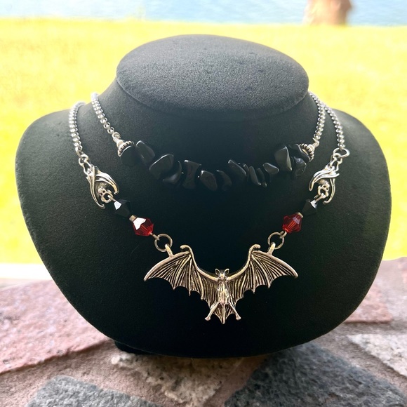 Silver Bat choker necklace . Double layer onyx chips & bats Handmade goth boho - Picture 10 of 16